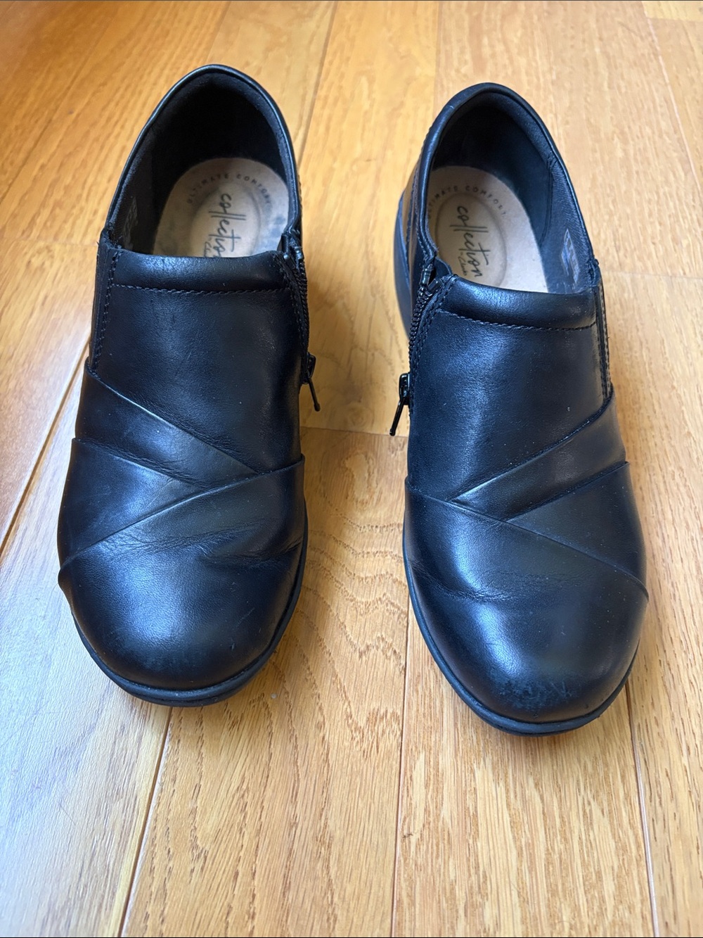 Clarks Black Leather Slip-On Mules with Side Zips